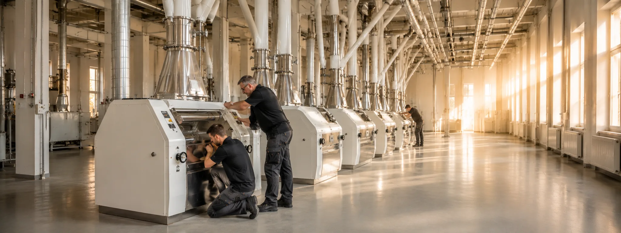 Monteure arbeiten an einer Walzenstuhl-Reihe in einer hellen Mühlenetage